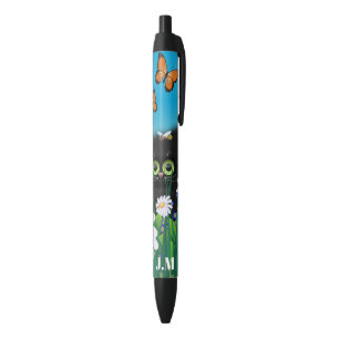 Stylo Noir Cute chaton noir avec marguerites Monogramme