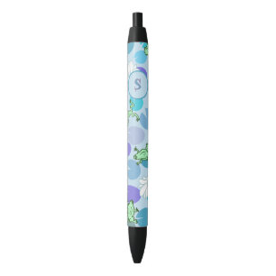 Stylo Noir Cute Grenouilles bleues et vertes Monogramme perso