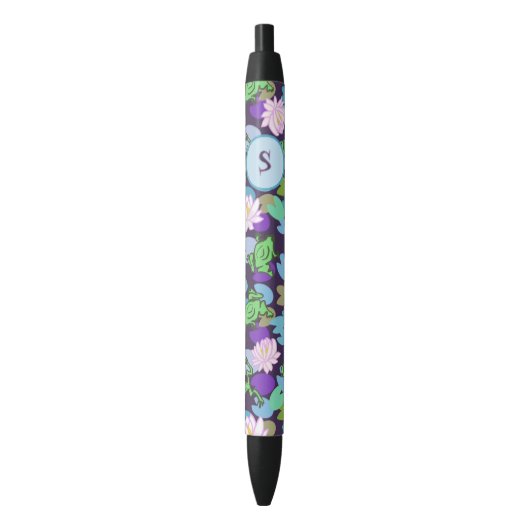 Stylo Noir Cute Grenouilles bleues et vertes Monogramme perso (devant Vertical)