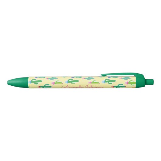 Stylo Noir Cute Pastel Cactus Monogram Nom du script (Haut)