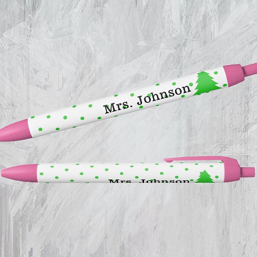 Stylo Noir Cute Teacher Name, Green Polka Dots, Tree