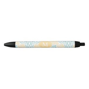 Stylo Noir Damassé florale décorée d'un monogramme de jaun