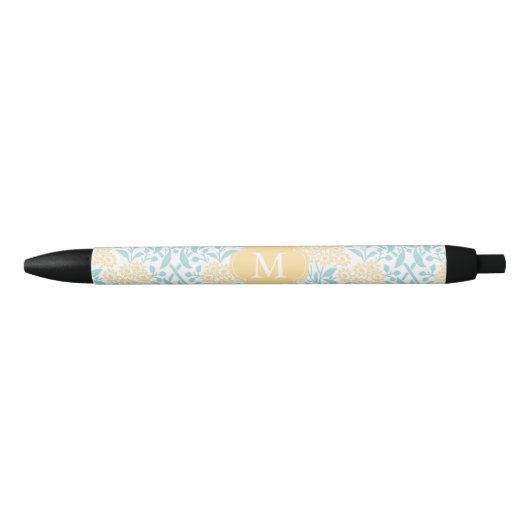 Stylo Noir Damassé florale décorée d'un monogramme de jaune (Devant)