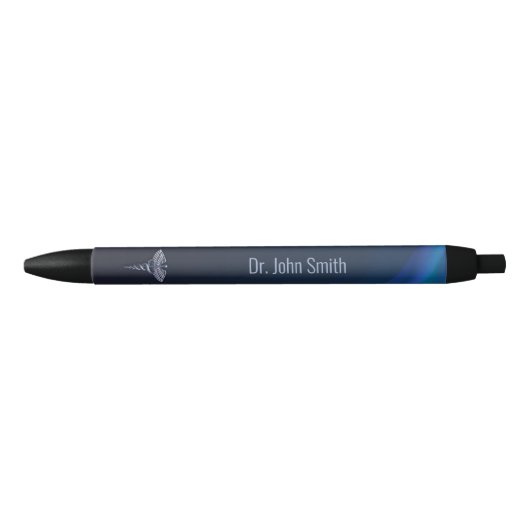Stylo Noir Dark Chrome Holographique 3D Médicale Caduceus (Devant)