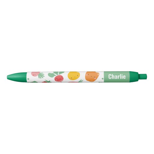 Stylo Noir De mignons légumes heureux avec nom (Devant)