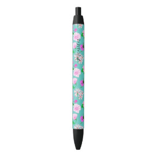 Stylo Noir Délicat fleur sauvage dans des aquarelles turquois