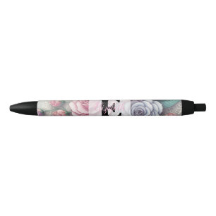 Stylo Noir Dentelle monogramme floral rose violet bleu roses