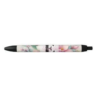 Stylo Noir Dentelle monogramme florale rose fleur de magnolia