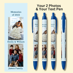 Stylo Noir DEUX Photos, Nom Date, votre texte bleu, en bleu