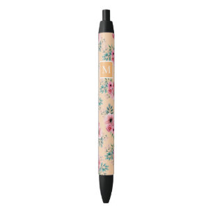 Stylo Noir Dorée   Monogramme rose et vert floral