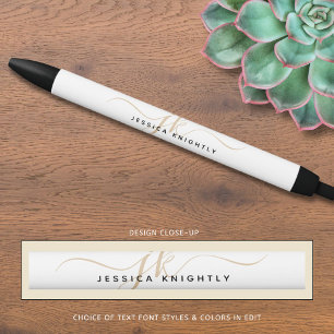 Stylo Noir Écriture Chic Moderne Monogramme Or Initiales Mini