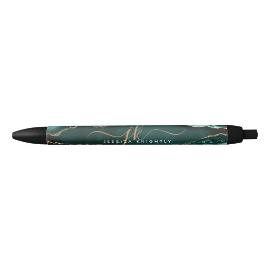 Stylo Noir Élégant Agate Turquoise Or Script Monogramme Nom (Devant)