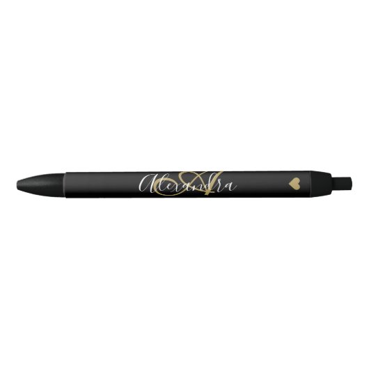 Stylo Noir Élégant Black Gold Heart Nom du script Monogram Bl (Devant)