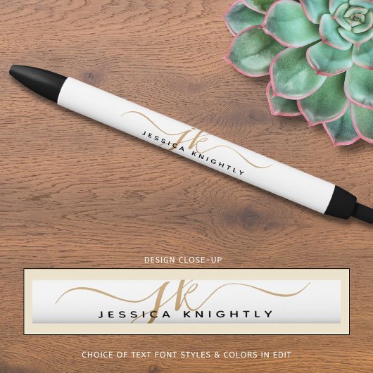Stylo Noir Élégant blanc Script Monogramme Initiales Nom