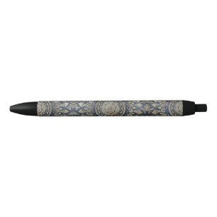 Stylo Noir Elégant bleu or Mandala Floral