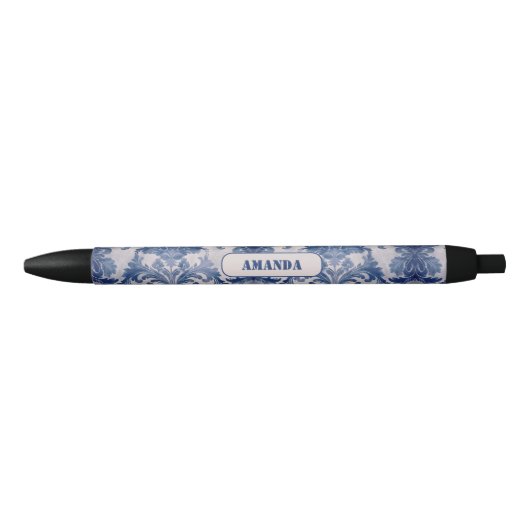 Stylo Noir Élégant damassé Bleu toile de jouy monogramme (Devant)