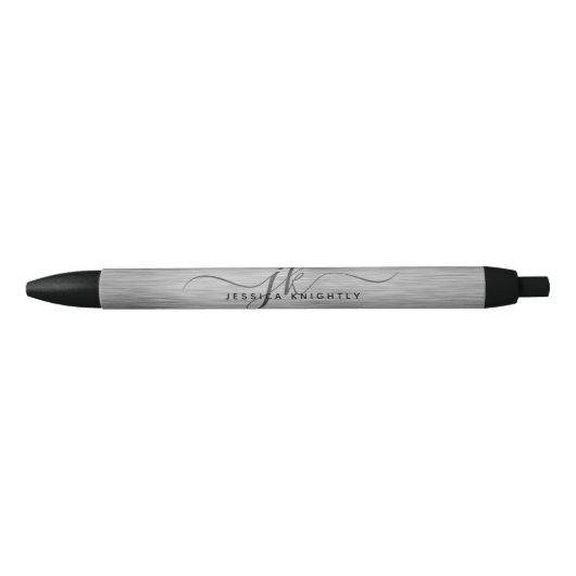 Stylo Noir Élégant Faux Metallic Gris Argent Script Monogramm (Devant)