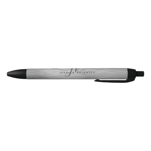 Stylo Noir Élégant Faux Metallic Gris Argent Script Monogramm (Bas)