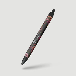 Stylo Noir Élégant floral botanique rose foncé burgundy