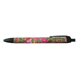 Stylo Noir Élégant jardin fleuri Vintage Rose