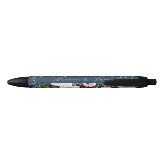 Stylo Noir Elégant Mariage floral bleu marine (Dos)