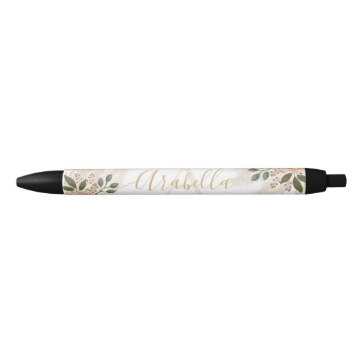 Stylo Noir Élégant Monogramme Floral D'Ivoire Et D'Or (Devant)