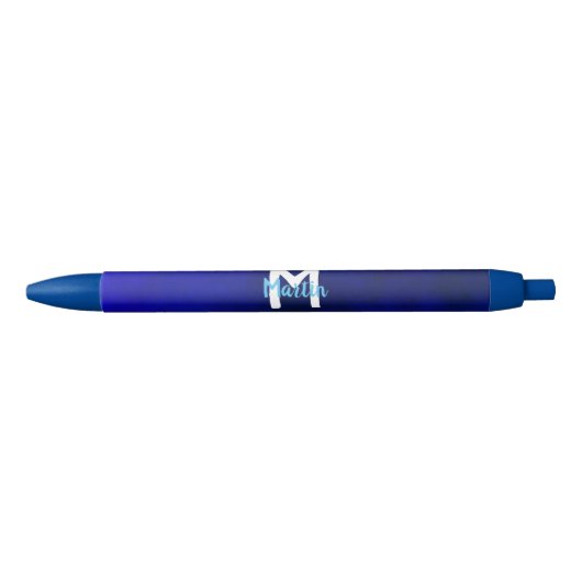 Stylo Noir Élégant Monogramme Minimaliste Blanc Et Bleu (Devant)