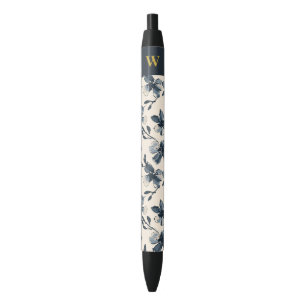 Stylo Noir Élégant Monogramme Motif Floral Bleu Marine Or