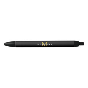 Stylo Noir Élégant Monogramme Noir Or Classique Nom Initial