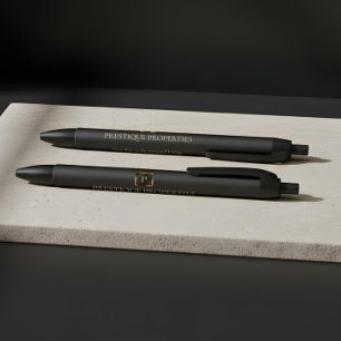 Stylo Noir Élégant Monogramme Or Personnalisé Entreprise de L