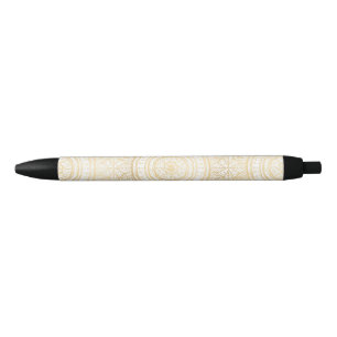 Stylo Noir Élégant Motif blanc de tournesol Mandala Gold