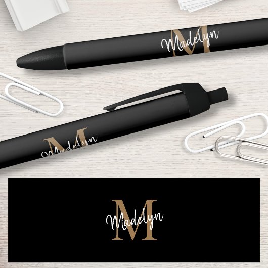 Stylo Noir Élégant Noir Monogramme Or Nom de script élégant