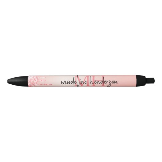 Stylo Noir Elégant or Rose avec Monogramme Parties scintillan (Devant)