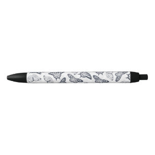 Stylo Noir Élégant Papillons gris Design blanc