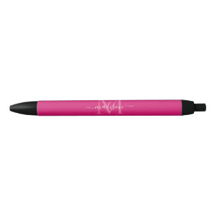 Stylo Noir Élégant rose Magenta Blanc Monogramme Nom du scrip