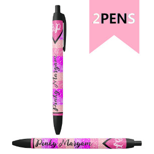 Stylo Noir Élégant rose Premier Nom Monogramme pour Filles, m