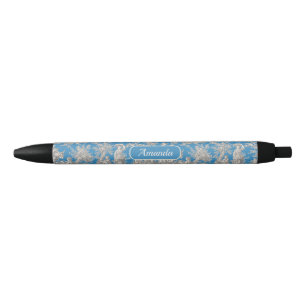 Stylo Noir Elégante toile turquoise vintage de jouy