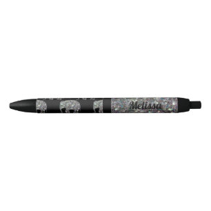 Stylo Noir Éléphant argenté coloré scintillant de mosaïq