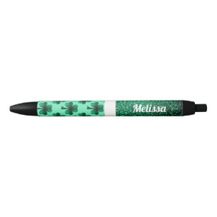 Stylo Noir Emerald Green Sparkles Shamrock Clover Personnalis