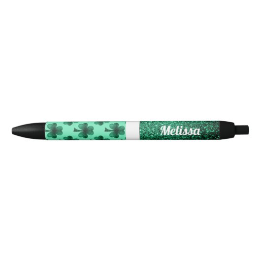 Stylo Noir Emerald Green Sparkles Shamrock Clover Personnalis (Devant)
