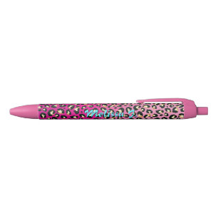 Stylo Noir Empreinte de léopard Chic Hot Pink personnalisé