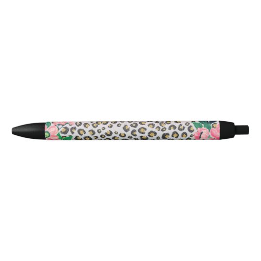 Stylo Noir Empreinte de léopard de Parties scintillant floral (Devant)