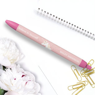 Stylo Noir Encre de nom de licorne magique rose moderne pour