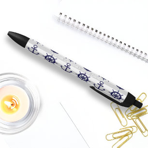 Stylo Noir Encre nautique personnalisée avec ancre et roue de