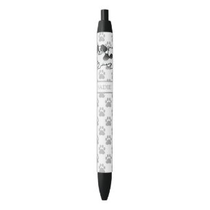 Stylo Noir Épagneul tibétain parti-color noir et mignon & nom