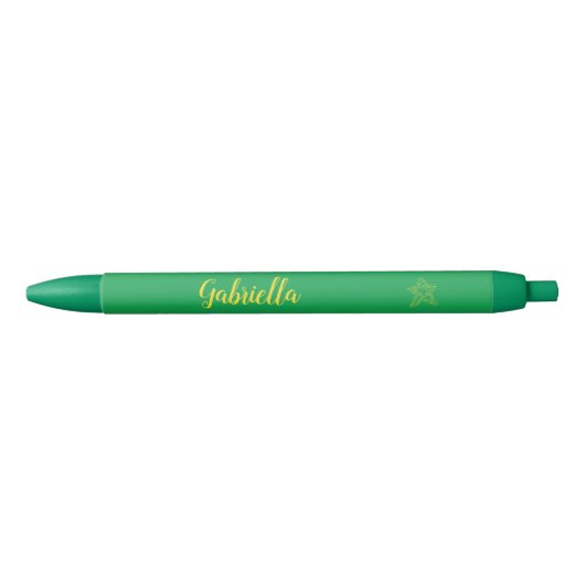 Stylo Noir étoiles jaunes en étoile sur vert (Devant)
