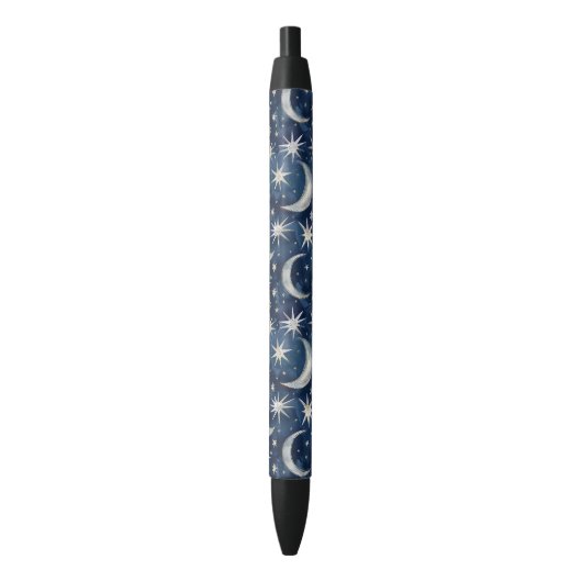 Stylo Noir Étoiles Lunes Argent Bleu (devant Vertical)