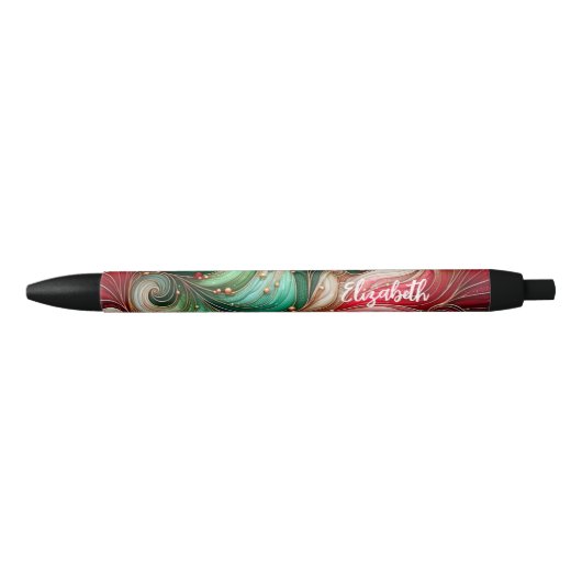 Stylo Noir Festive Red Green Gold Ink Swirl Nom personnalisé (Devant)