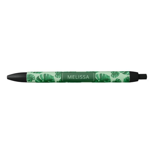 Stylo Noir Feuilles de palmier Monstera vert tropical & Nom p (Devant)