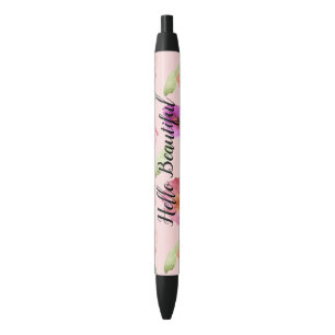 Stylo Noir Fille Rose Aquarelle Fleurs